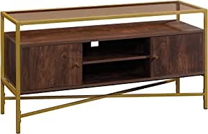 Sauder Harper Heights Contemporary Glass-Top TV Credenza with Doors, for TVs up to 55", Rich Walnut Finish