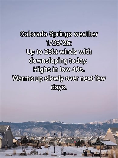Colorado Springs weather 1/26/26: The mid level wind flow is the right direction to give us some weak downslope flow today. Expect up to 25kt gusts out of the west and southwest at times today. Surface wind maps suggest the higher speeds will mostly be west of I25 today. Downsloping wind causes a warming effect. I expect this warming effect to thaw us for a few hours out of freezing temps for a few hours this afternoon. Expect a high temp in the low 40s. A similar forecast is expected tomorrow. 