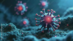 Close-up view of a virus or bacteria under a microscope, illustrating the detailed structure of viral particles, useful for scientific and medical contexts.