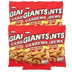GIANTS Salted Cashews - Cashews Roasted Lightly Salted, Cashews Individual Packs, Cashew Nut Snack Bags, Bulk Whole Cashews, Dry Roasted, Big Size - 4 oz Bags (Pack of 6)