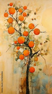 A tangerine tree is depicted in this abstract image, its branches stretching out in every direction. The fruit hangs in s, each one round and plump, with bumpy skin that resembles tiny mountains.