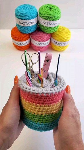 Naztazia on Instagram: "Crochet Hook Holder How cute is my crochet hook holder? It holds scissors and other items too. The pattern is on my site and guess what it's made from? An icing container. #crochet #crochethook #knittersofinstagram #crochetersofinstagram #yarn #diyideas #howto #sewinglove #ganchillo #uncinetto #crochê #virkat #naztazia #reels"