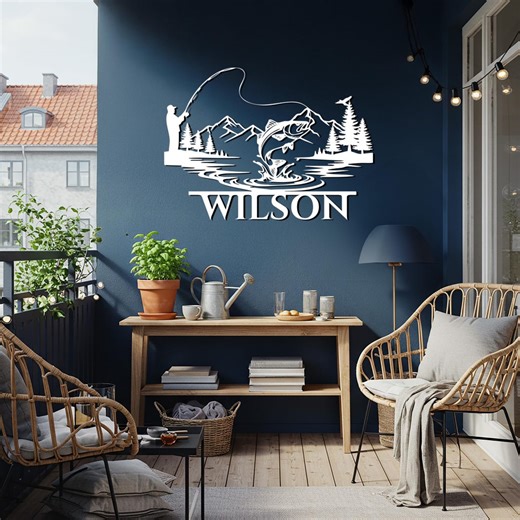 Personalized Fishing Metal Wall Art – Custom Name Lake House Decor, Fisherman and Jumping Fish Scene, Rustic Cabin or Outdoor Lodge Gift - Etsy