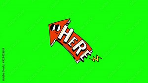 Arrow sign here animation motion graphic with chroma green screen clip template 4k