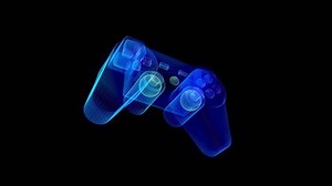3D Gaming Console Wireless Controller Joystick transparent translucent shiny particles glow colourful material. Render animation of game computer tech device flying. Motion design