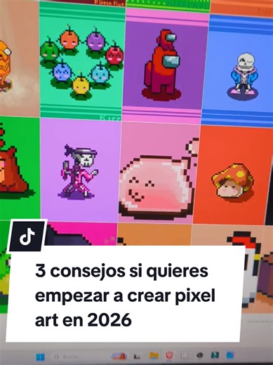 3 consejos para empezar a hacer pixel art. 1. Deja de pensarlo tanto y empieza a crear pixel art, busca videos, tutoriales, referencias, libros y lo que sea necesario para crear este hermoso arte, no te asustes si no haces maravillas, los primeros pixel art serán los bocetos de tu camino como artista. 2. No olvides crear diferentes tipos y diseños, encontrar un equilibrio es correcto pero prueba diferentes formas de crear el mismo dibujo, hasta que encuentres uno con el que te sientas más cómodo