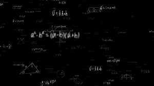Camera flies Through matrix made up of White Math formulas and Equation. Handwritten geometrical figures, calculations and Mathematical analysis. Cognitive process concept. Seamless loop