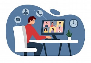 Premium Vector | Virtual online work Business office Video conference Home telework People sits at computer Distance videocall Freelance job Web communication Vector cartoon tidy illustration