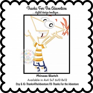 Phineas From Phineas and Ferb Sketch Digital Embroidery Machine Design File 4x4 5x7 6x10 8x12 - Etsy