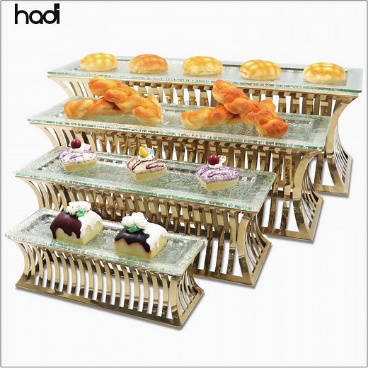 [Hot Item] Hadi Arabic Modern Restaurant Hotel Supplies Stainless Steel Party Display Table 4 Tier Buffet Stand Luxury Gold Buffet Elevation for Catering