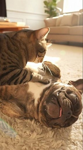 The world's tiniest masseuse and her happiest client. ❤️ #shorts #cat #dog #healing