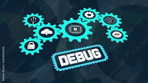 Debugging process design, ai programming code system and digital error fixing, futuristic software development and cyber platform