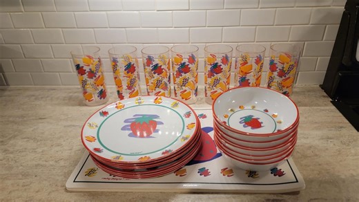 Vintage 1990s Dinnerware Set, Leahy Designs Plastic Dinnerware, Strawberry Fruit Pattern, Set of 8 - Etsy Australia