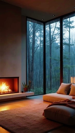 Rainy Forest Fireplace Window View #asmrrain #fakewindow #sleepsounds