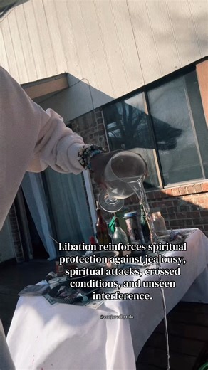 Libation creates a direct line; it lets your #ancestors know you’re listening and ready to receive guidance through dreams, signs, #intuition, and #synchronicities. #Libation reinforces spiritual protection against jealousy, spiritual attacks, crossed conditions, and unseen interference. Many delays come from neglected lineage energy. Pouring libation helps dissolve stagnation around money, housing, love, and forward movement. When life feels off, chaotic, or heavy, libation helps rebalance spir