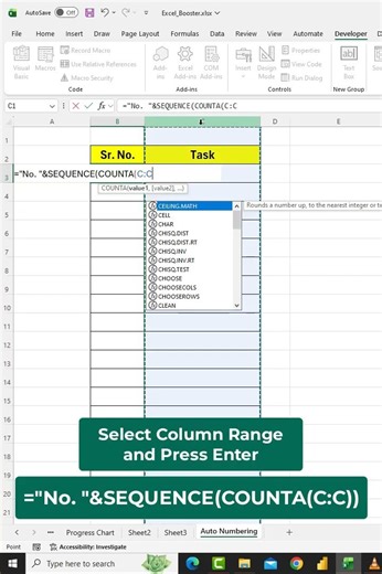 Dynamic Numbering using SEQUENCE & COUNTA in Excel 👇 #excel #shorts #exceltips #exceltricks