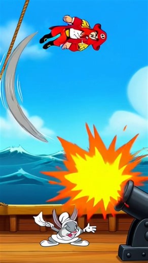 "Chaotic Looney Tunes pirate ship battle: Yosemite Sam as furious pirate captain with huge mustach