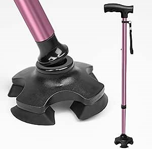 Adjustable Walking Cane for Women,10-Level Height Telescopic Walking Stick with 4-Prong Anti-Slip Pivoting Base, Wrist Strap, Heavy Duty Walking Aid for Adults & Elderly