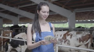 Portrait of young pretty female worker on the cow farm counting money smiling. Positive farmer gets income from her farm. Agriculture industry, farming and animal husbandry concept