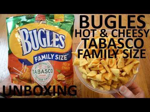 Unboxing Bugles Hot & Cheesy Tabasco Flavored Crispy Corn Snacks Family Size