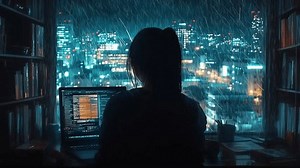 Lofi Girl studying at her desk. Rain ourside, beautiful chill, atmospheric wallpaper design, anime girl, animation, seamless loop. 4K background. lo-fi, hip-hop style. Anime manga style