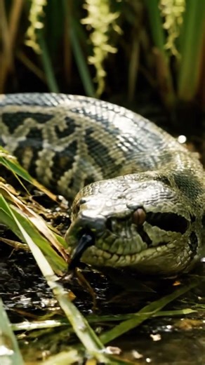 Slow motion shot of a giant python, its head black and wet, lying half submerged in a bush.