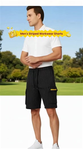 Men's Striped Workwear Shorts, Drawstring Waistband, Fluorescent Tag Bag, Casual Fit, Comfortable & Stylish Design