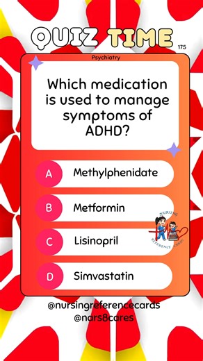 3.6K views · 58 reactions | Which medication is used to manage symptoms of ADHD? * * * * * * * * #nurses #doctors #nursing #medical #nurseexam #NCLEX #nclexreview #nclexrn #registerednurse #medicaldoctor #medicine #studentlife #exam #exampreparation #nclexprep #nursingstudent #medicalstudent #RN #NMC #NGN #PNLE #NLE #USRN #RN #rnlife #nursinglife #fbreels #fypシ゚ @highlight @followers @everyone | Nursing Reference Cards | Facebook