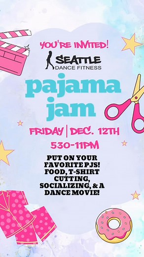 ✨🎉SDF PAJAMA JAM is ON! 🎉✨ Grab your coziest jammies and join us Dec 12th from 5:30–11pm (come later if you need!). Guided DIY tee-cutting, games, pizza salad, social time, and we’ll wrap with a dance movie! Pure cozy vibes. 💖 We can’t wait to get cute, creative, and comfy together! 💕✨ Secure your spot TODAY at www.seattledancefitness.com/events or through the events link in our IG profile! 💸 $20 • SlayLivePlus members take $5 off (coupon code can be found in your “member home”) Want to sty