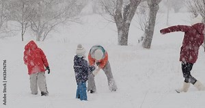 Big family and snowball fight in snow-covered park. Group of children playing snowballs in the countryside in snowy winter