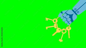 The robot holds the keys in his hand. The blue robot's hand is with a bunch of yellow barn keys. The robot is shaking a bunch of large keys. 2d flat animation. Alpha channel. Chroma key