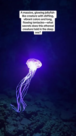 A massive, glowing jellyfish-like creature with shifting, vibrant colors and long, flowing tentacles—what secrets does this ethereal creature hold in the deep sea?