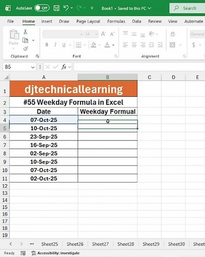 Weekday Function in Excel | How to Use Weekday Formula in Excel | #exceltips #excelshorts #weekday