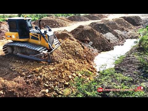 Skilled Bulldozer Removing Landfill Water Complete Process Dump Truck Pushing Soil