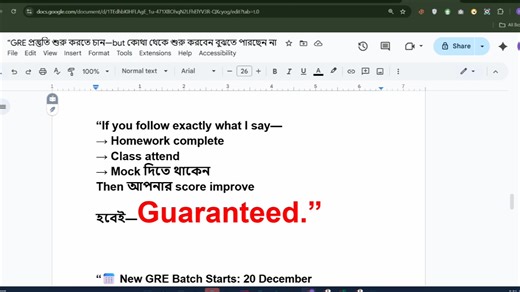 𝐆𝐑𝐄 𝐁𝐚𝐬𝐢𝐜 𝐭𝐨 𝐀𝐝𝐯𝐚𝐧𝐜𝐞𝐝 𝐅𝐮𝐥𝐥 𝐂𝐨𝐮𝐫𝐬𝐞 – 𝐁𝐚𝐭𝐜𝐡 15 (Verbal Quant AWA সহ সম্পূর্ণ কোর্স) Orientation Class - 20 december Take your wise decision. 💻 Platform: Google Meet 🗓️ Starting Date: November 09, 2025 🕙 Class Time: Sunday - tuesday - Thursday – 10:00 PM 💰 Course Fee: 7000 BDT USA তে Masters বা PhD করার স্বপ্ন দেখছেন? GRE প্রিপারেশন নিয়ে এখনো দ্বিধায় আছেন? নাকি আগেও একটু পড়েছেন কিন্তু “Perfect Guidance” না থাকার কারণে কনফিডেন্স হারিয়ে ফেলেছেন? 👉 চিন্তার কিছু নে