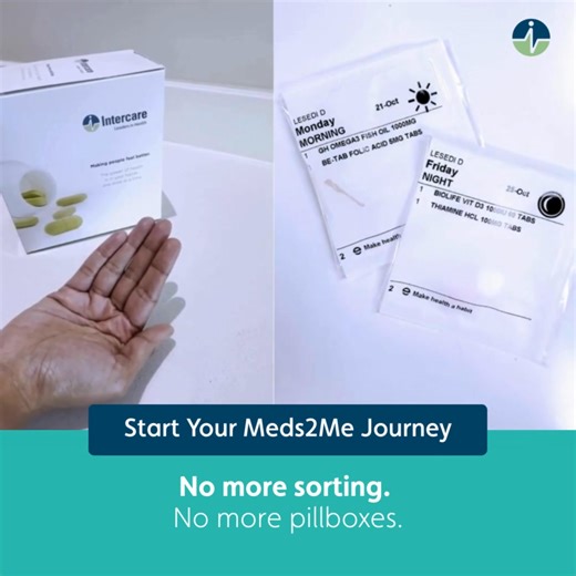 Send your chronic script to Intercare Meds2Me and have it delivered pre-packed and sorted in easy-to-use tear-off pouches straight to your door for free. 💚 Save on co-payments 💚 Monthly delivery & 6-month renewal reminders. Start your Meds2Me journey - care delivered to your door: https://bit.ly/47YNokH | Intercare Wilgeheuwel