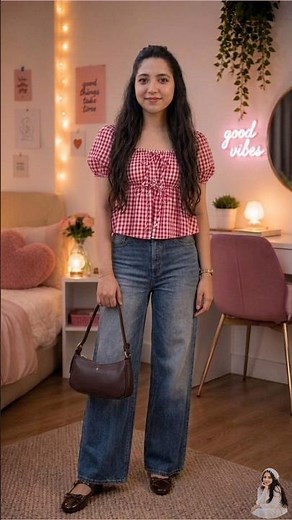 Casual Cottagecore Outfit Inspo 🍓 Red Gingham Top + Wide-Leg Jeans Styling #youtubeshorts #fashion