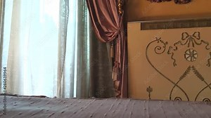 Italy. Sicily . White and pink curtains in a old aristocratic villa interior. Interior view of the country palace of the Sicilian princess Vintage interior with window in old aristocratic villa