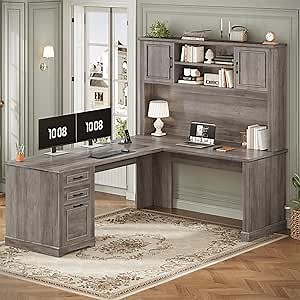 SEDETA Farmhouse L Shaped Desk with Hutch and 3 Drawers, 68.9" Executive Office Desk with File Drawer and Power Outlet, Corner Computer Desk with Storage Shelves for Home Office (Grey)