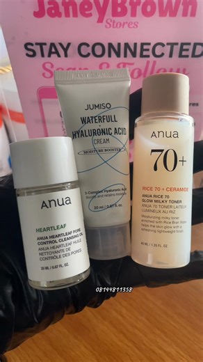 MINI ANUA 20 ML PORE CLEANSING OIL🫶 •Reduces blackheads / whiteheads • Calms redness and irritation • Calming acne-prone skin • Gentle & Non- irritating ANUA RICE 70 CERAMIDE GLOW MILKY TONER 40 ML • Intense hydration • Brighten dull skin • Strengthen skin barrier • Soothe irritation and provides deep hydration JUMISO WATERFALL HYALURONIC ACID • Deep hydration • Fades hyperpigmentation • Strengthen skin barrier AVAILABLE TO SHOP 📲 Contact us today | send a dm 08144811358 #skincare #jumiso #anu
