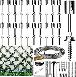 Wire Trellis for Climbing Plants Outdoor, 20-Set Wall Wire Trellis Kit with 1/8in x 98ft Stainless Steel Cable, T316 Espalier System for Fence and Garden DIY Projects