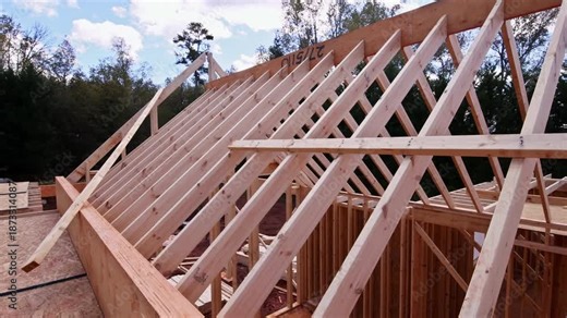 Wooden beams are being assembled to form roof truss beams structure of construction site