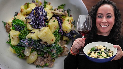 157K views · 417 reactions | Farideh makes petite, pillowy, potato gnocchi with sausage and kale. Check out the recipe here: https://www.vice.com/en_us/article/qvg58q/potato-gnocchi-with-sausage-and-kale-recipe | Munchies | Facebook