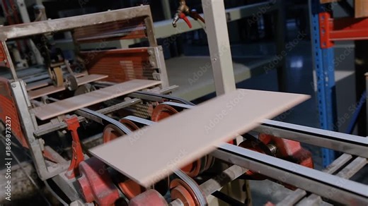Production line of a ceramic tile and porcelain tile factory. Inside. Indoors. Ceramic tile manufacturing plant. The process of making ceramic tiles. Conveyer line for ceramic tile at plant. Close-up.