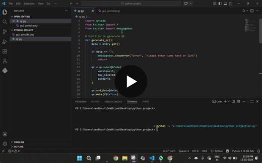 I built a simple yet powerful QR Code Generator using Python. With a user‑friendly GUI, it allows you to enter text or links and instantly create QR codes that can be displayed and saved as images… | Santhosh s