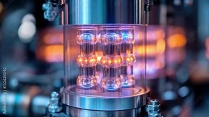 A quantum computing device displays glowing qubits in a chamber, illustrating principles like superposition and entanglement.