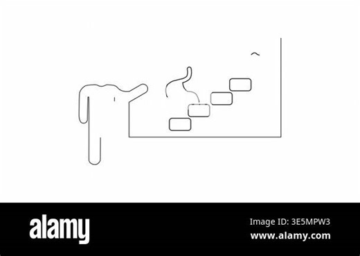 A simple line drawing of a presentation on evolution, showing a figure climbing steps towards water and a fish, illustrating adaptation Stock Video Footage - Alamy