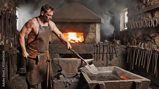 Strong muscular blacksmith forging glowing metal on an anvil with a hammer in a traditional workshop creating sparks, then quenching the hot iron in water creating steam