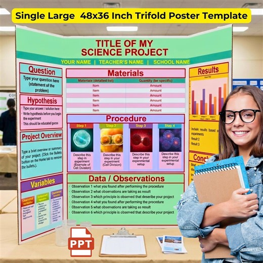 Science Fair Poster Template | School Science Project Trifold Board | STEM Research Poster | Editable Powerpoint Presentation 48x36 - Etsy