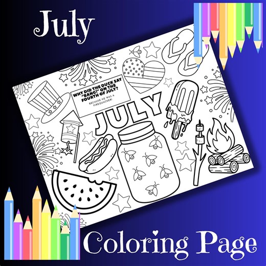 July Coloring Page for Kids, Summer, Independence Day, Placemat Printable Activity, Months of the Year - Etsy